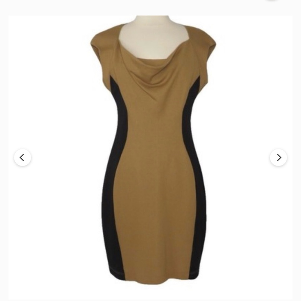 Joseph Ribkoff Camel and Black Sheath Dress with Draped Neckline